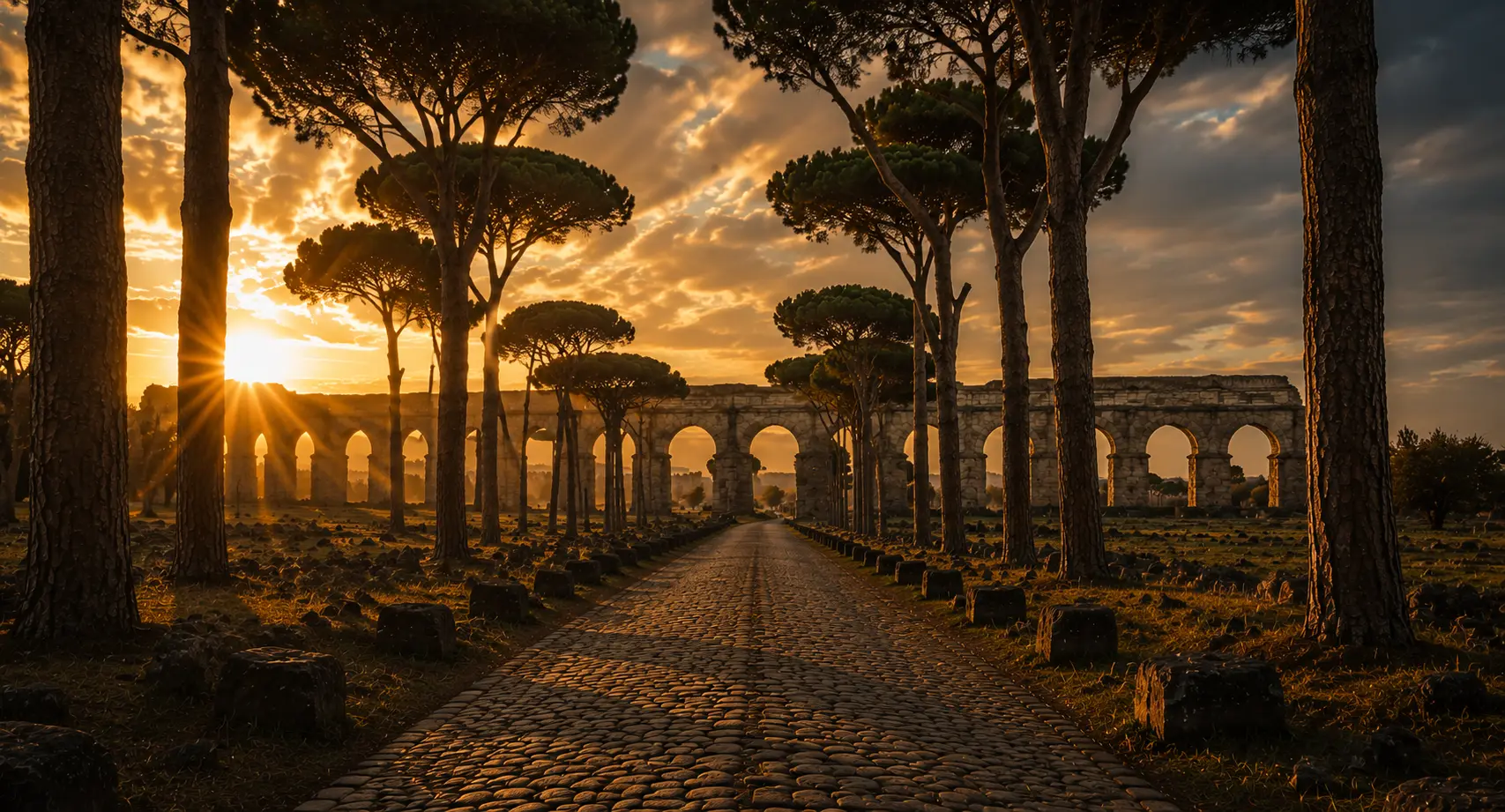 The ancient Appian Way in full color, a sunlit stone road stretching toward the horizon, symbolizing Appian Way Capital Partners' clear path to growth for private companies
