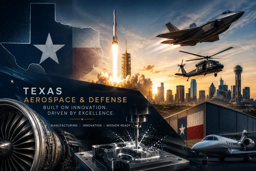 Texas aerospace and defense industry featuring advanced manufacturing, rocket launch, fighter aircraft, helicopter, precision machining, and the Dallas skyline representing innovation and industrial growth.